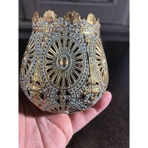 Sage & Gold Metal Candle Holder 4.5" H x 3.5" Diameter Boho Decor, Moroccan